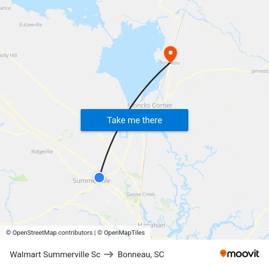 Walmart Summerville Sc to Bonneau, SC map