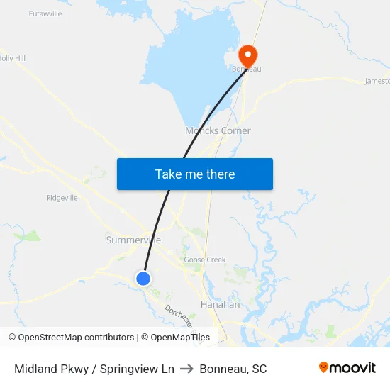 Midland Pkwy / Springview Ln to Bonneau, SC map