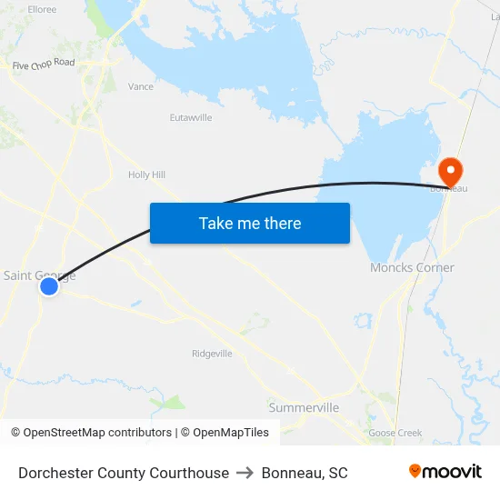 Dorchester County Courthouse to Bonneau, SC map