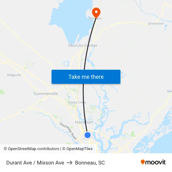 Durant Ave / Mixson Ave to Bonneau, SC map