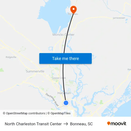 North Charleston Transit Center to Bonneau, SC map