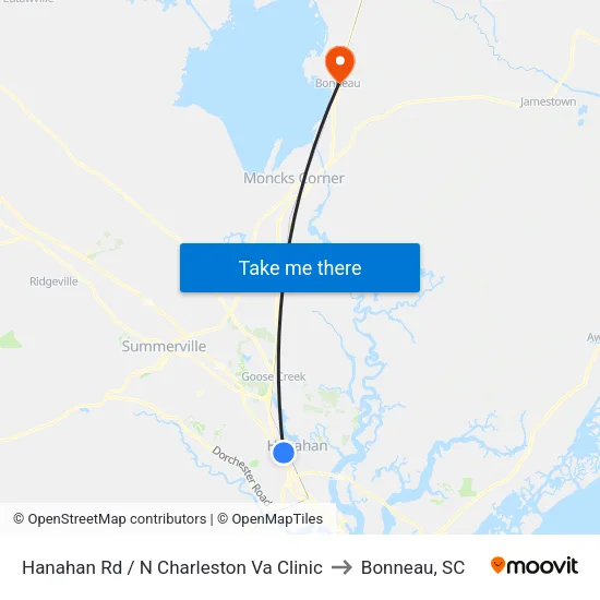 Hanahan Rd / N Charleston Va Clinic to Bonneau, SC map
