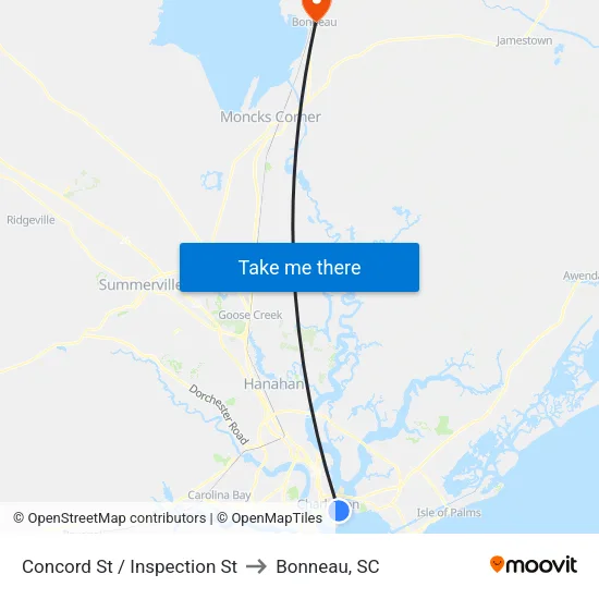 Concord St / Inspection St to Bonneau, SC map