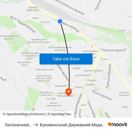 Залізничний Вокзал to Буковинський Державний Медичний Університет map