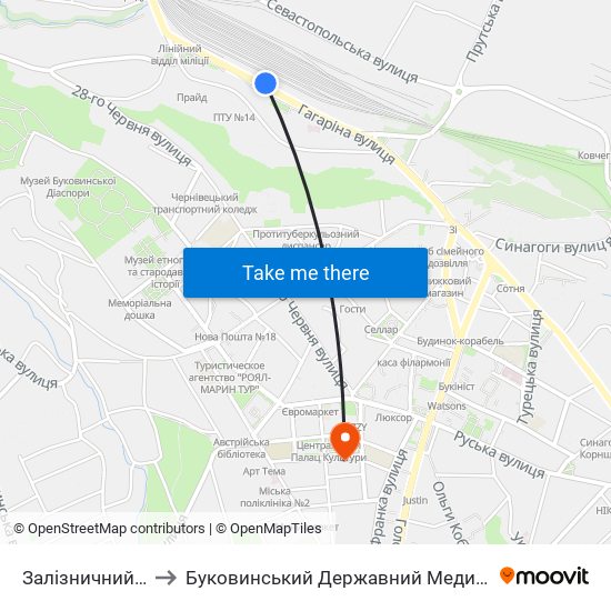 Залізничний Вокзал to Буковинський Державний Медичний Університет map