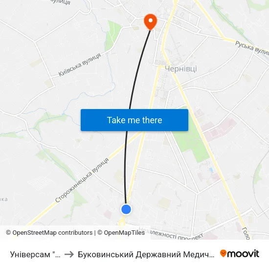 Універсам "Колос" to Буковинський Державний Медичний Університет map