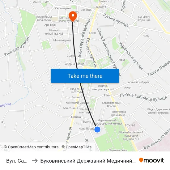 Вул. Садова to Буковинський Державний Медичний Університет map
