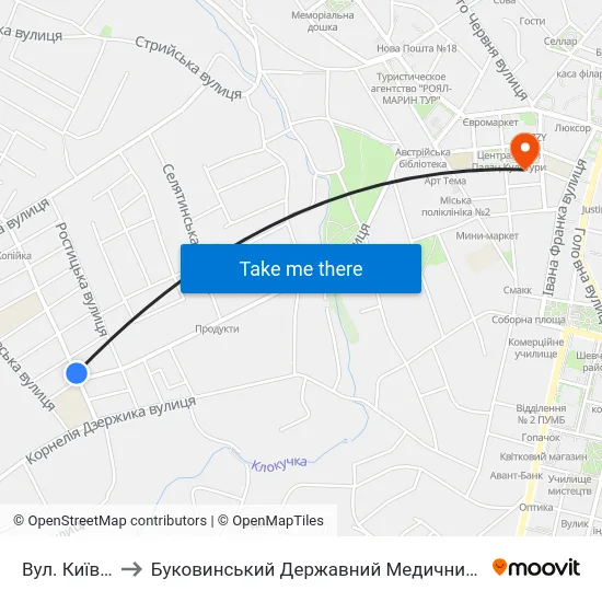 Вул. Київська to Буковинський Державний Медичний Університет map