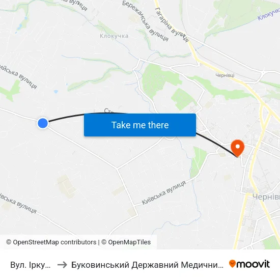 Вул. Іркутська to Буковинський Державний Медичний Університет map