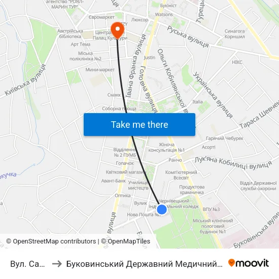 Вул. Садова to Буковинський Державний Медичний Університет map