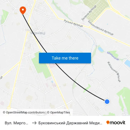 Вул. Миргородська to Буковинський Державний Медичний Університет map