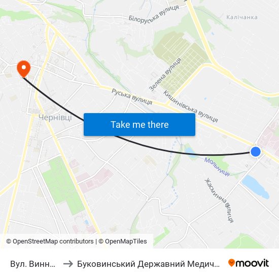 Вул. Винниченка to Буковинський Державний Медичний Університет map