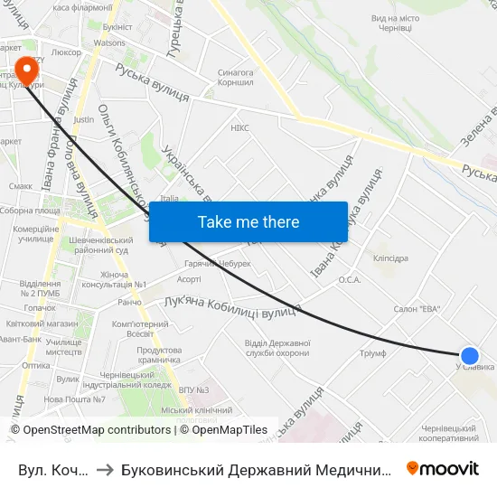 Вул. Кочубея to Буковинський Державний Медичний Університет map