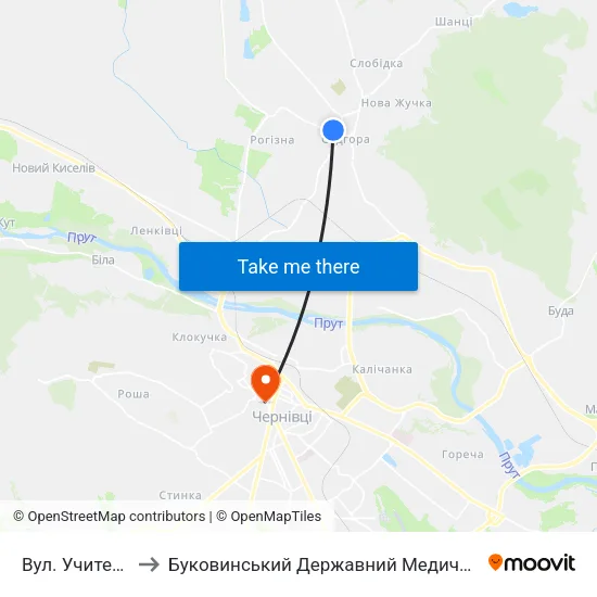 Вул. Учительська to Буковинський Державний Медичний Університет map
