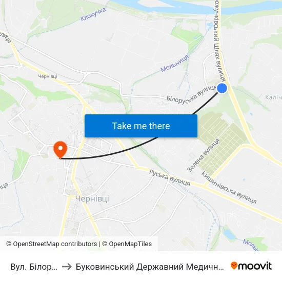 Вул. Білоруська to Буковинський Державний Медичний Університет map
