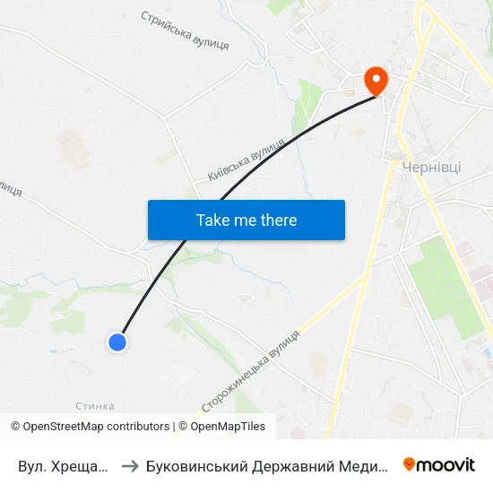 Вул. Хрещатинська to Буковинський Державний Медичний Університет map