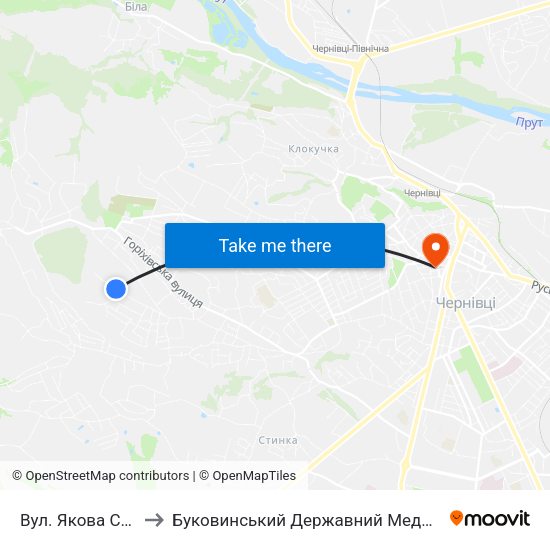 Вул. Якова Степового to Буковинський Державний Медичний Університет map