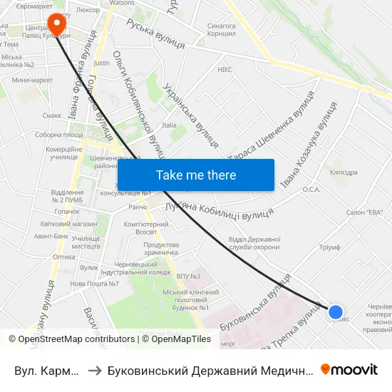 Вул. Кармелюка to Буковинський Державний Медичний Університет map