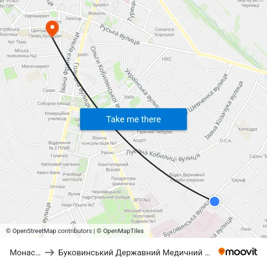 Монастир to Буковинський Державний Медичний Університет map