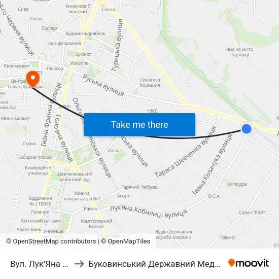 Вул. Лук'Яна Кобилиці to Буковинський Державний Медичний Університет map