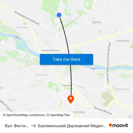 Вул. Фестивальна to Буковинський Державний Медичний Університет map