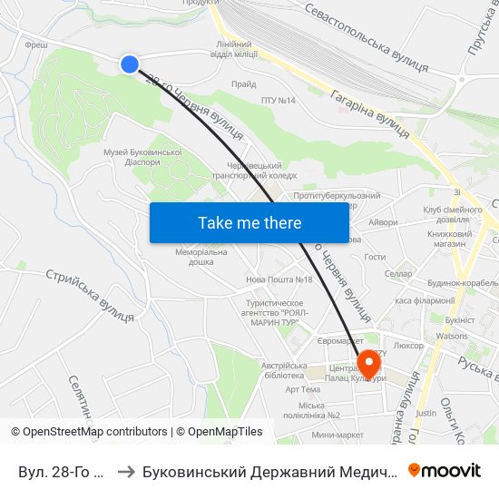 Вул. 28-Го Червня to Буковинський Державний Медичний Університет map