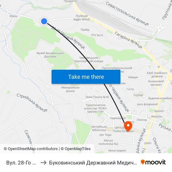 Вул. 28-Го Червня to Буковинський Державний Медичний Університет map