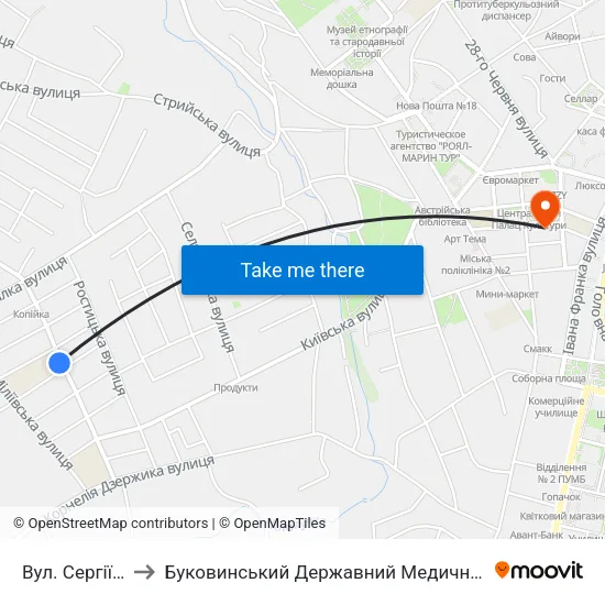 Вул. Сергіївська to Буковинський Державний Медичний Університет map