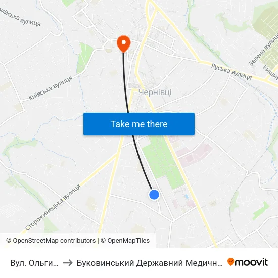 Вул. Ольги Гузар to Буковинський Державний Медичний Університет map