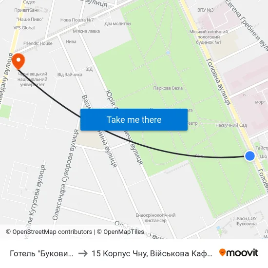Готель "Буковина" to 15 Корпус Чну, Військова Кафедра map
