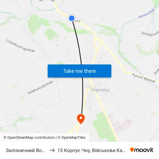 Залізничний Вокзал to 15 Корпус Чну, Військова Кафедра map