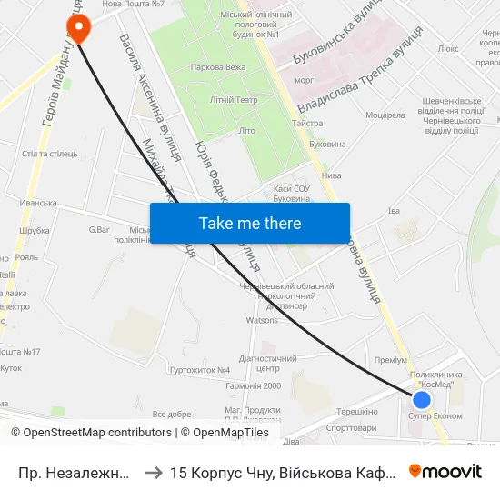 Пр. Незалежності to 15 Корпус Чну, Військова Кафедра map