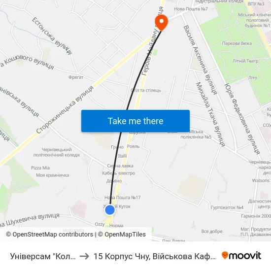 Універсам "Колос" to 15 Корпус Чну, Військова Кафедра map