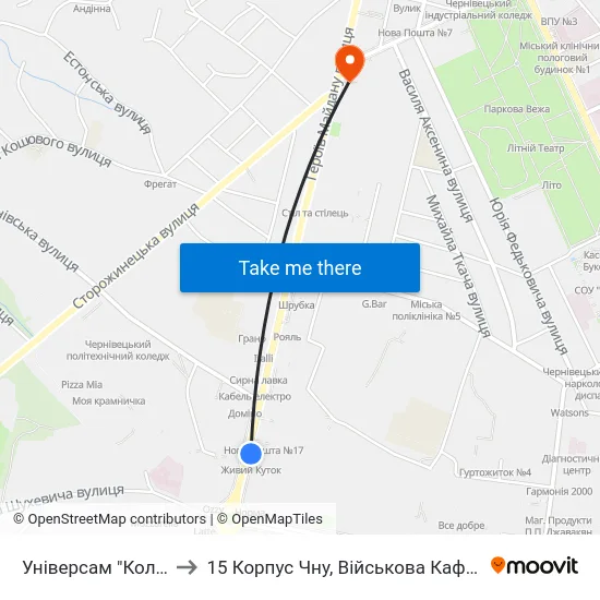 Універсам "Колос" to 15 Корпус Чну, Військова Кафедра map