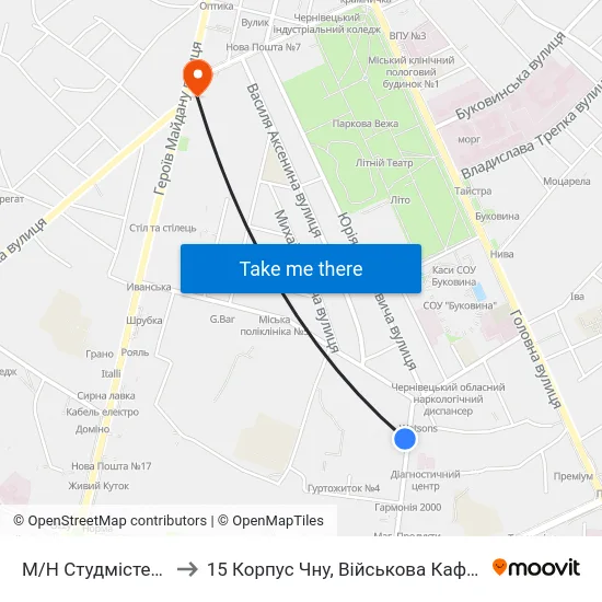 М/Н Студмістечко to 15 Корпус Чну, Військова Кафедра map