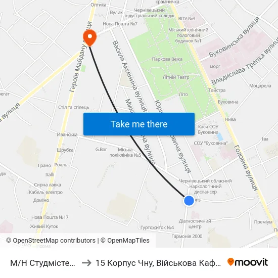 М/Н Студмістечко to 15 Корпус Чну, Військова Кафедра map