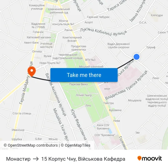 Монастир to 15 Корпус Чну, Військова Кафедра map