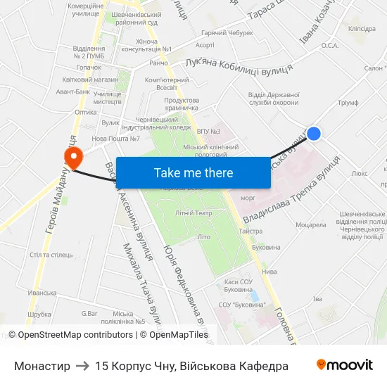 Монастир to 15 Корпус Чну, Військова Кафедра map