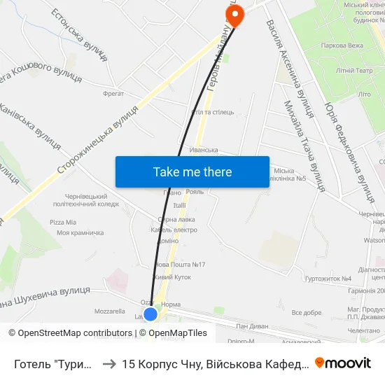 Готель "Турист" to 15 Корпус Чну, Військова Кафедра map