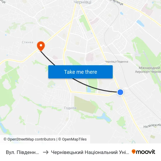 Вул. Південно-Кільцева to Чернівецький Національний Університет, Корпус №9 map