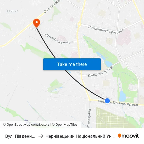 Вул. Південно-Кільцева to Чернівецький Національний Університет, Корпус №9 map