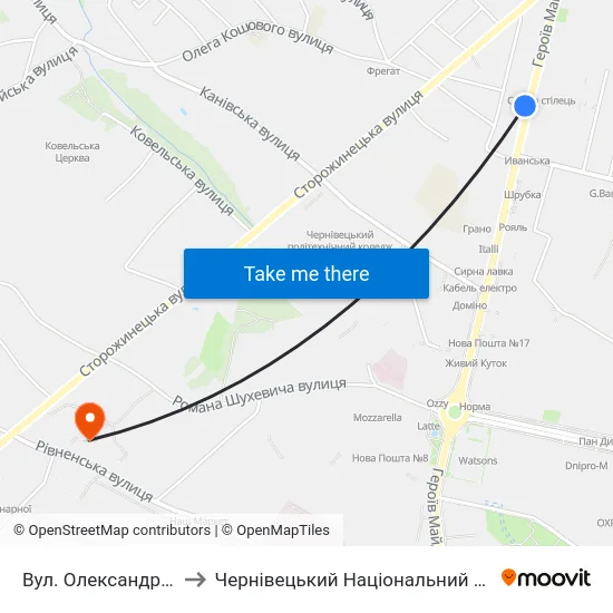 Вул. Олександра Щербанюка to Чернівецький Національний Університет, Корпус №9 map