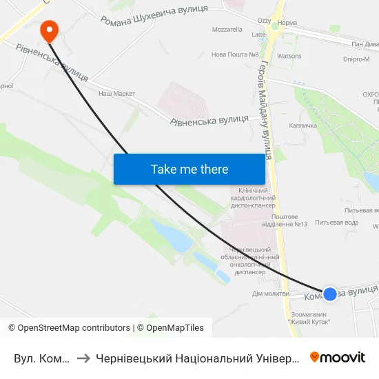Вул. Комарова to Чернівецький Національний Університет, Корпус №9 map