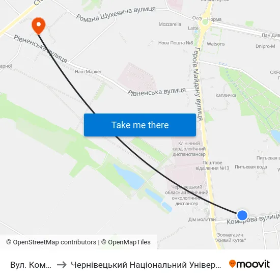 Вул. Комарова to Чернівецький Національний Університет, Корпус №9 map