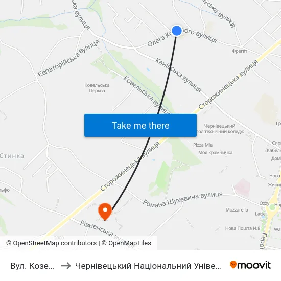 Вул. Козелецька to Чернівецький Національний Університет, Корпус №9 map