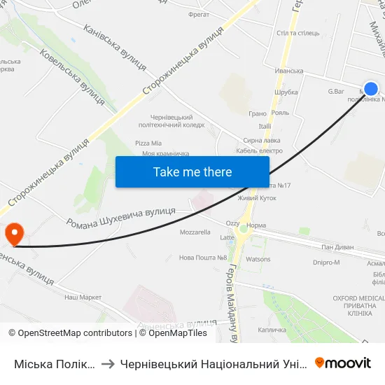 Міська Поліклініка №5 to Чернівецький Національний Університет, Корпус №9 map