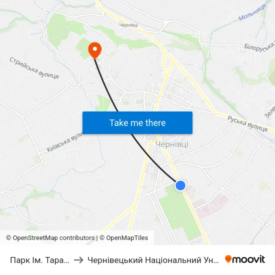 Парк Ім. Тараса Шевченка to Чернівецький Національний Університет Ім.Ю.Федьковича map