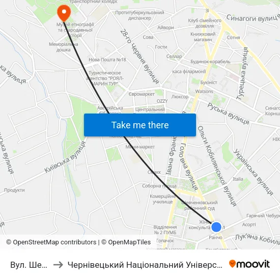 Вул. Шевченка to Чернівецький Національний Університет Ім.Ю.Федьковича map
