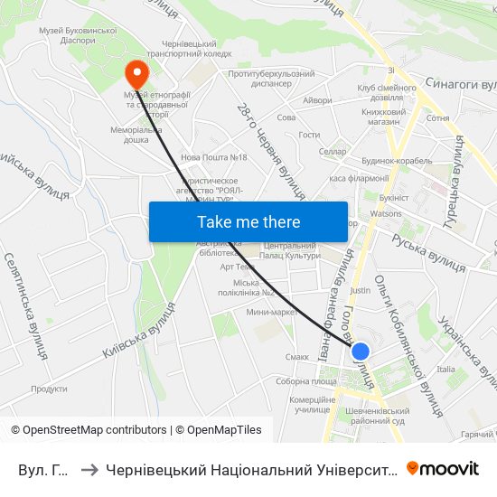 Вул. Гоголя to Чернівецький Національний Університет Ім.Ю.Федьковича map