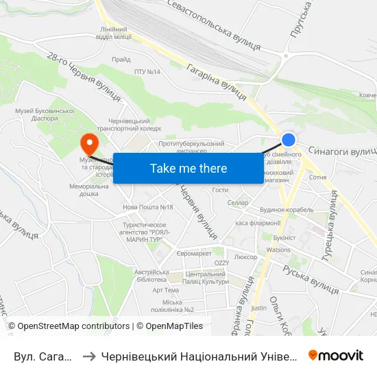 Вул. Сагайдачного to Чернівецький Національний Університет Ім.Ю.Федьковича map